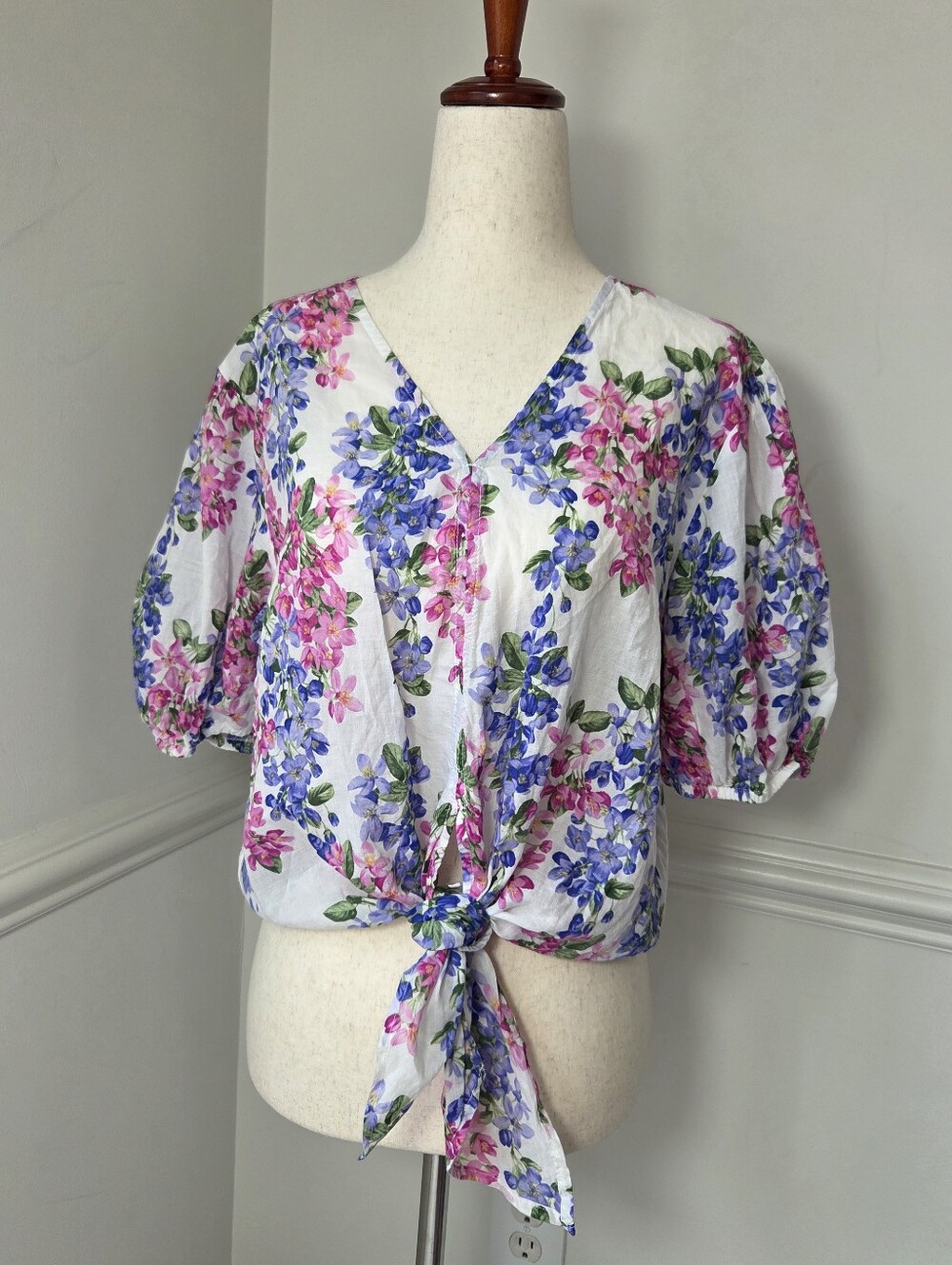 Haver + Blair Floral Tie Front Cotton Blouse M Puff Sleeve Cottagecore Boho